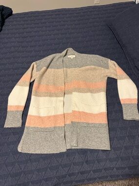 LOFT Striped Open-Front Cardigan in Gray, Cream & Peach